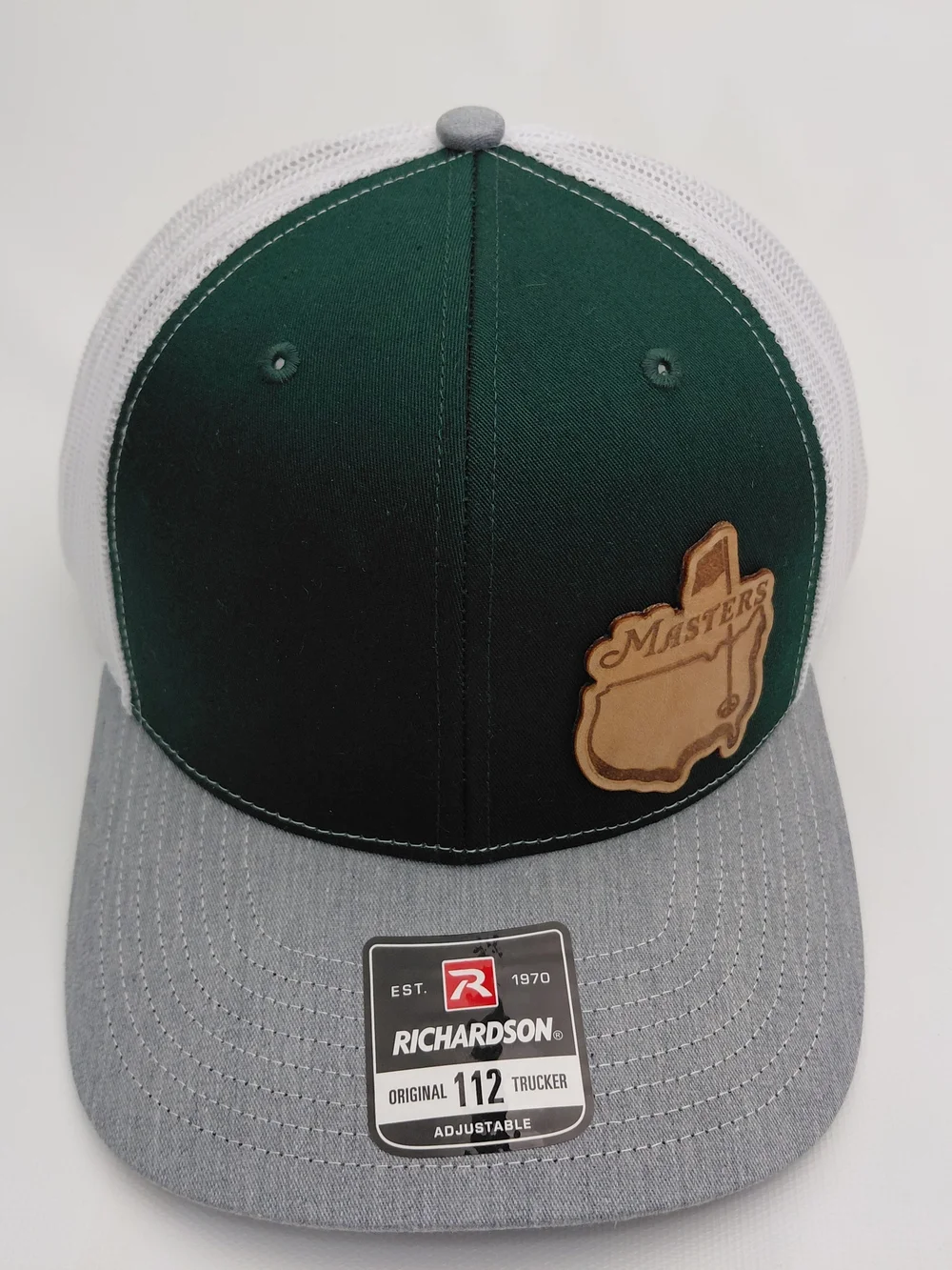 Richardson Trucker Hat with Masters Leather Patch - Dark Green & Gray